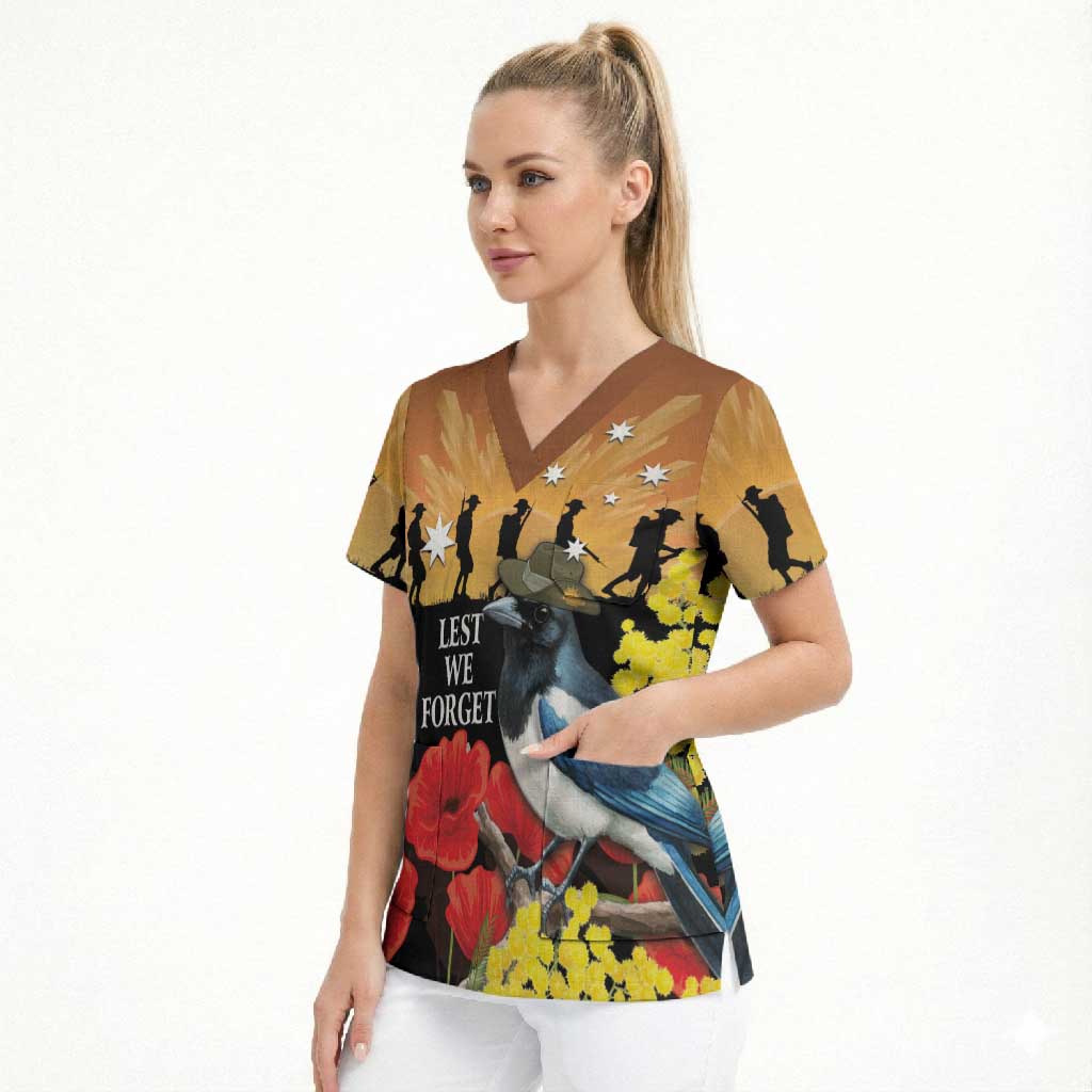 Australia Magpie ANZAC Day Scrub Top Rising Sun 25th April Poppy Golden Wattle - Aussie Hoodie