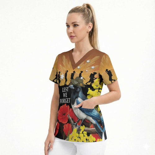 Australia Magpie ANZAC Day Scrub Top Rising Sun 25th April Poppy Golden Wattle - Aussie Hoodie