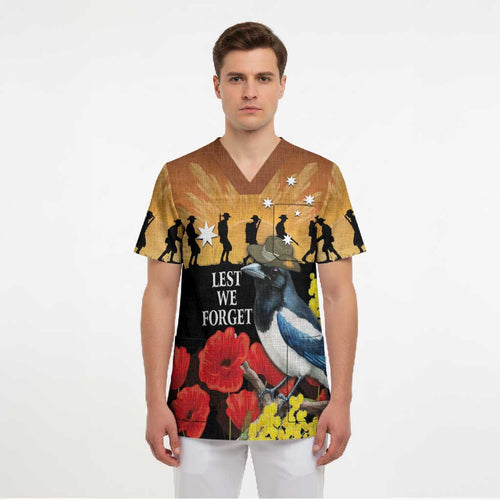Australia Magpie ANZAC Day Scrub Top Rising Sun 25th April Poppy Golden Wattle - Aussie Hoodie