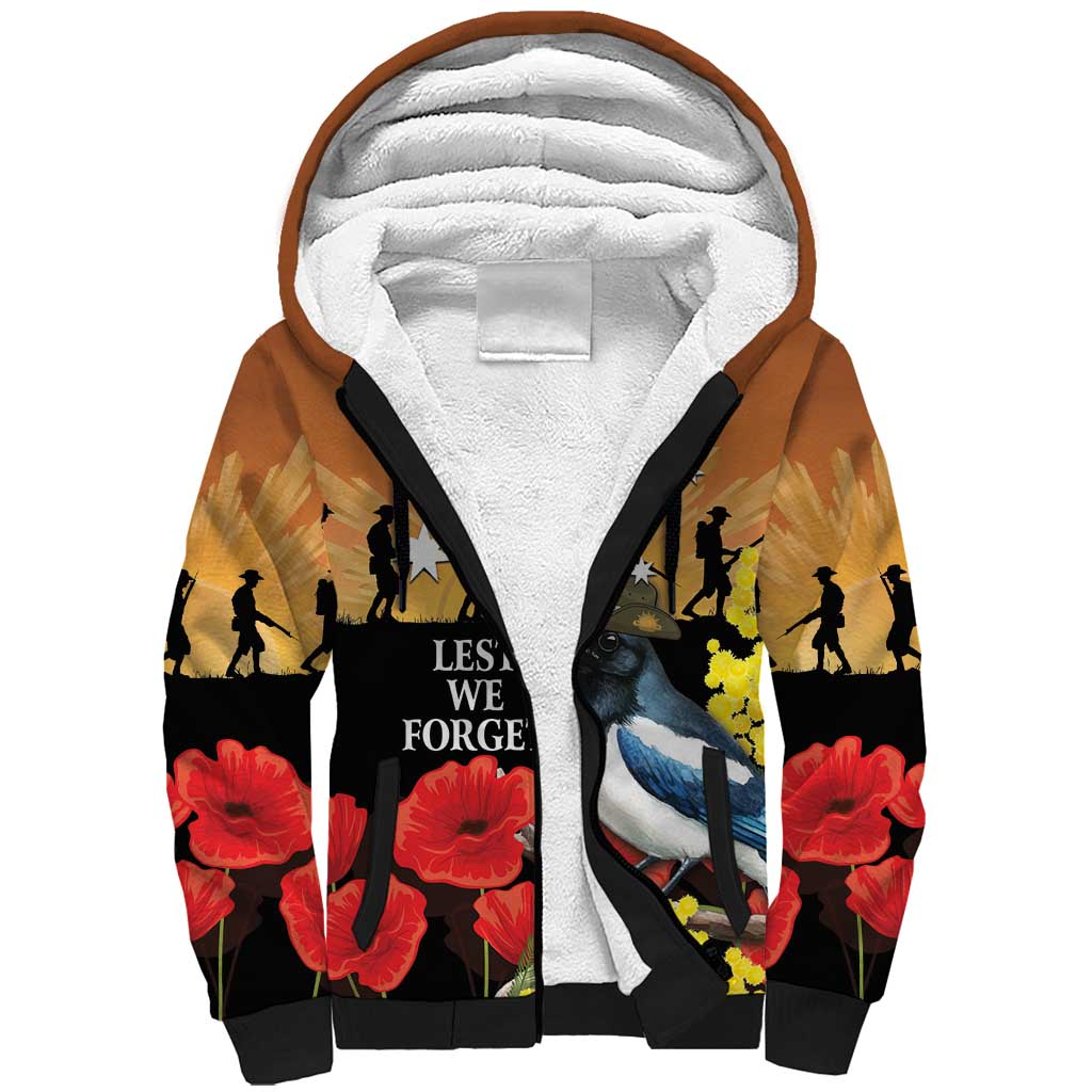 Australia Magpie ANZAC Day Sherpa Hoodie Rising Sun 25th April Poppy Golden Wattle - Aussie Hoodie