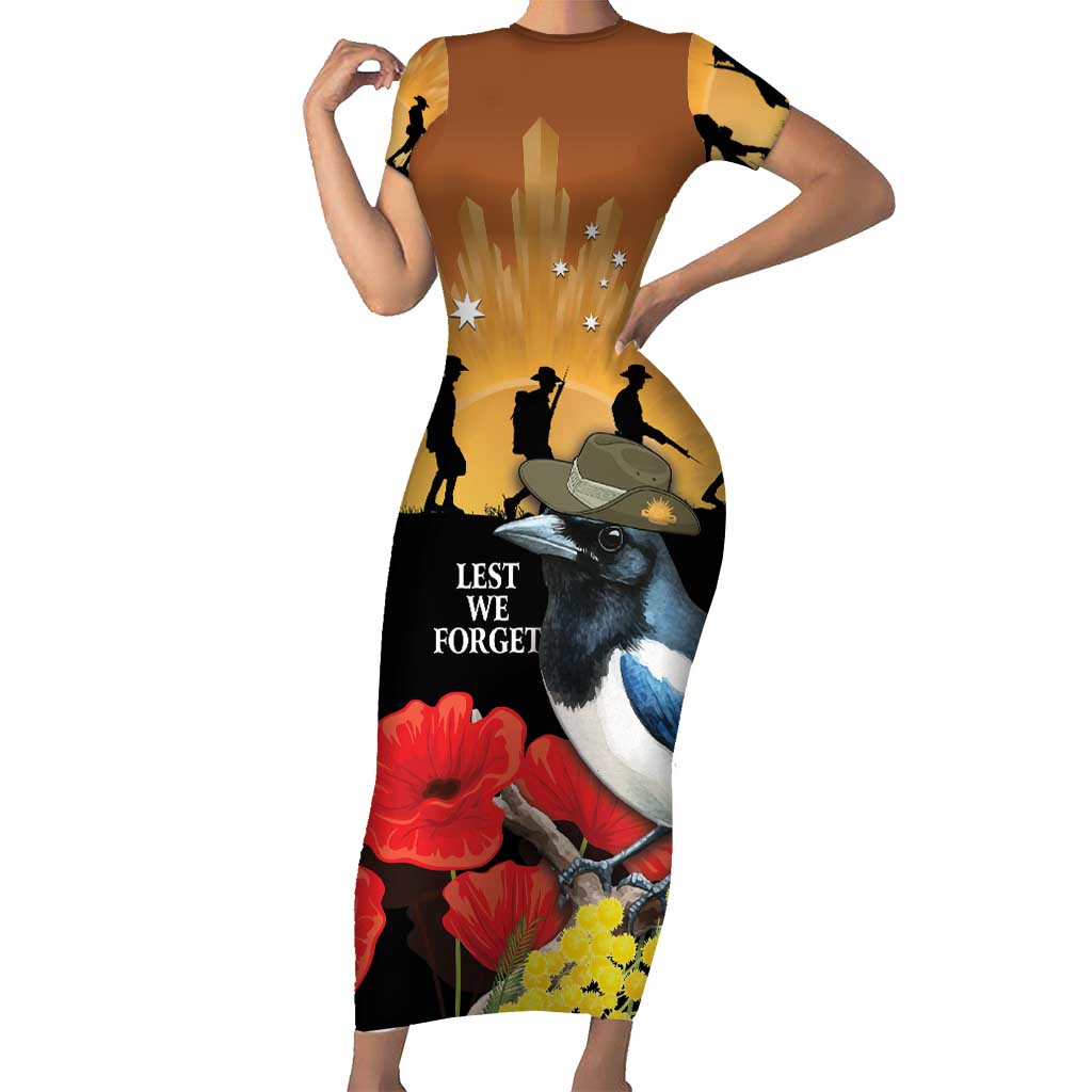 Australia Magpie ANZAC Day Short Sleeve Bodycon Dress Rising Sun 25th April Poppy Golden Wattle - Aussie Hoodie