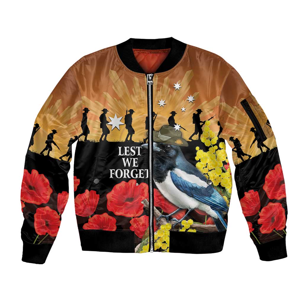 Australia Magpie ANZAC Day Sleeve Zip Bomber Jacket Rising Sun 25th April Poppy Golden Wattle - Aussie Hoodie