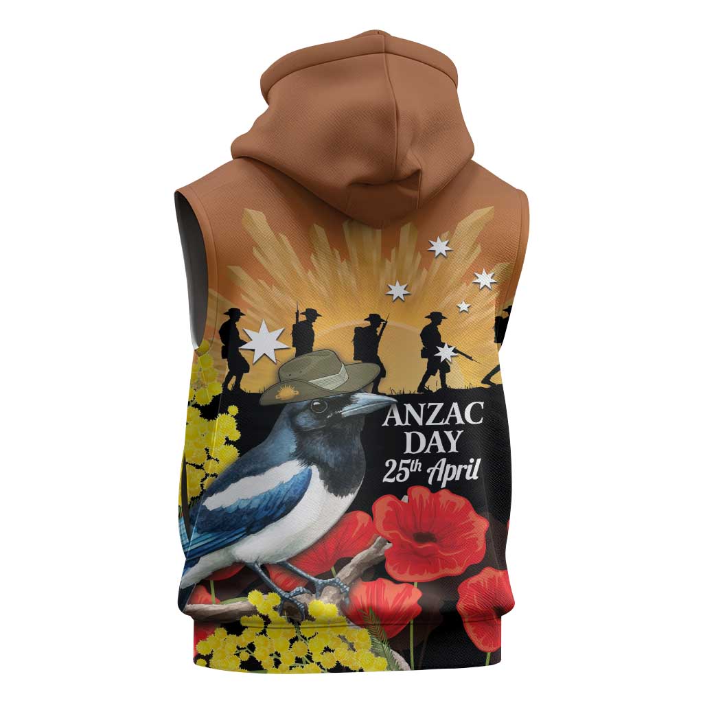 Australia Magpie ANZAC Day Sleeveless Hoodie Rising Sun 25th April Poppy Golden Wattle - Aussie Hoodie