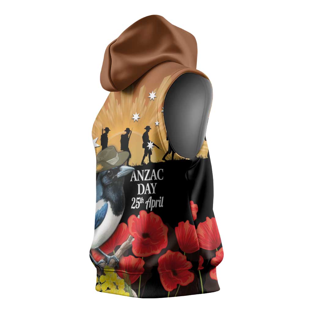 Australia Magpie ANZAC Day Sleeveless Hoodie Rising Sun 25th April Poppy Golden Wattle - Aussie Hoodie