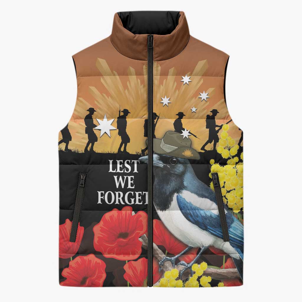 Australia Magpie ANZAC Day Sleeveless Puffer Jacket Rising Sun 25th April Poppy Golden Wattle - Aussie Hoodie