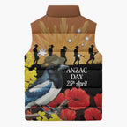 Australia Magpie ANZAC Day Sleeveless Puffer Jacket Rising Sun 25th April Poppy Golden Wattle - Aussie Hoodie