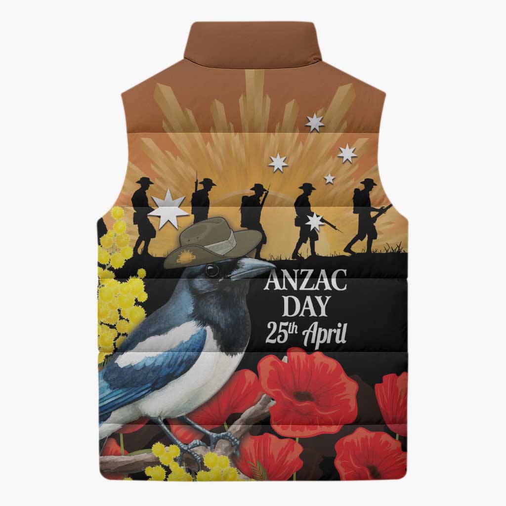 Australia Magpie ANZAC Day Sleeveless Puffer Jacket Rising Sun 25th April Poppy Golden Wattle - Aussie Hoodie