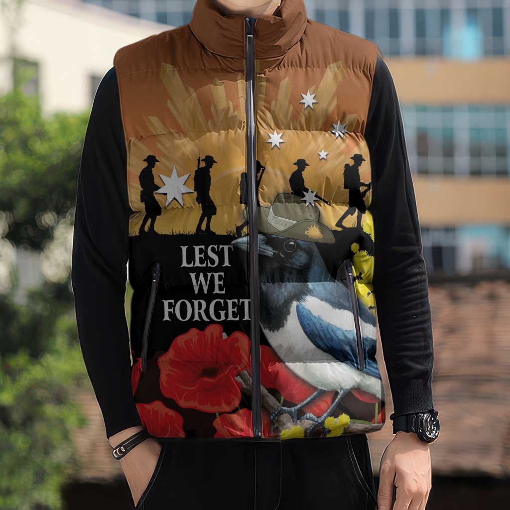 Australia Magpie ANZAC Day Sleeveless Puffer Jacket Rising Sun 25th April Poppy Golden Wattle - Aussie Hoodie