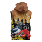 Australia Magpie ANZAC Day Sleeveless Zip Hoodie Rising Sun 25th April Poppy Golden Wattle - Aussie Hoodie