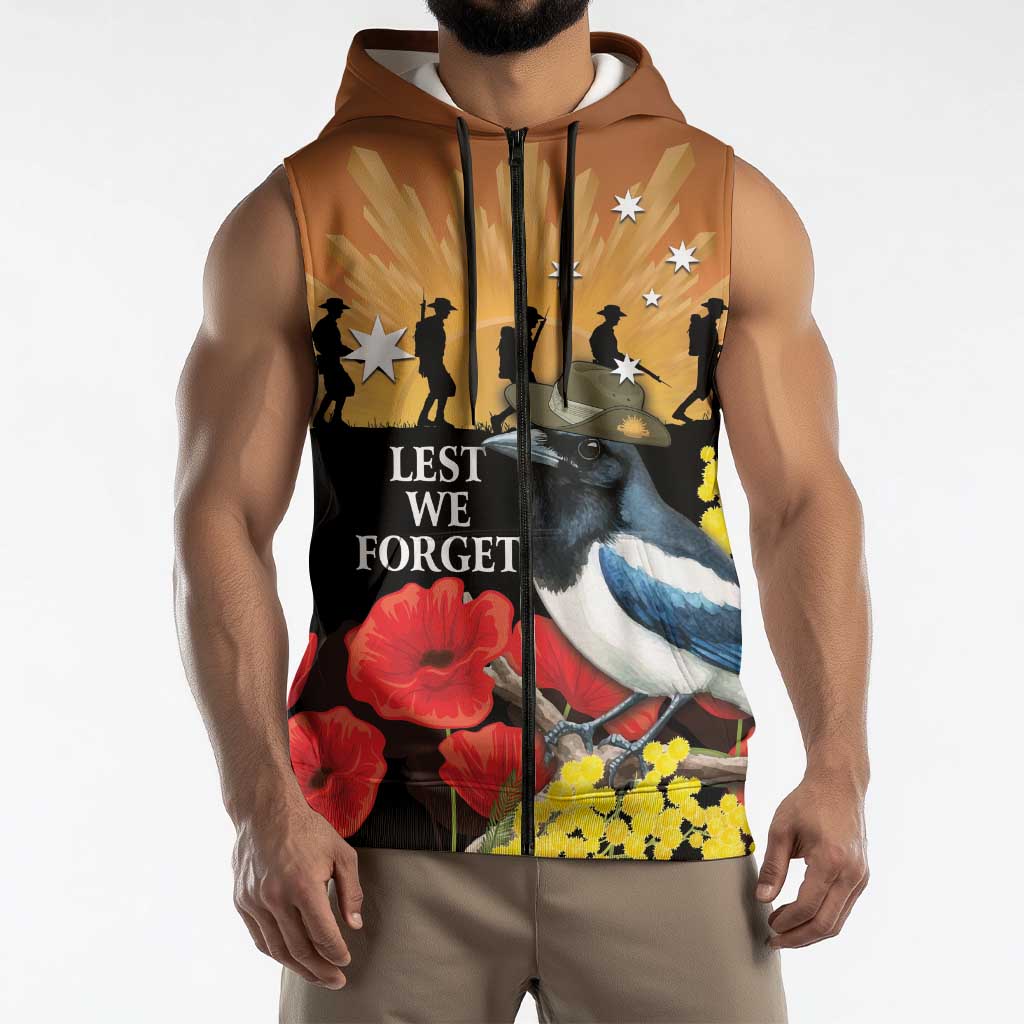 Australia Magpie ANZAC Day Sleeveless Zip Hoodie Rising Sun 25th April Poppy Golden Wattle - Aussie Hoodie