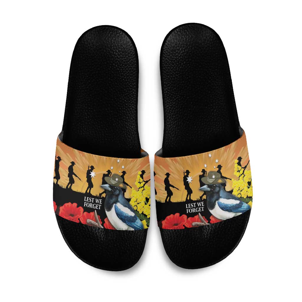 Australia Magpie ANZAC Day Slide Sandals Rising Sun 25th April Poppy Golden Wattle - Aussie Hoodie