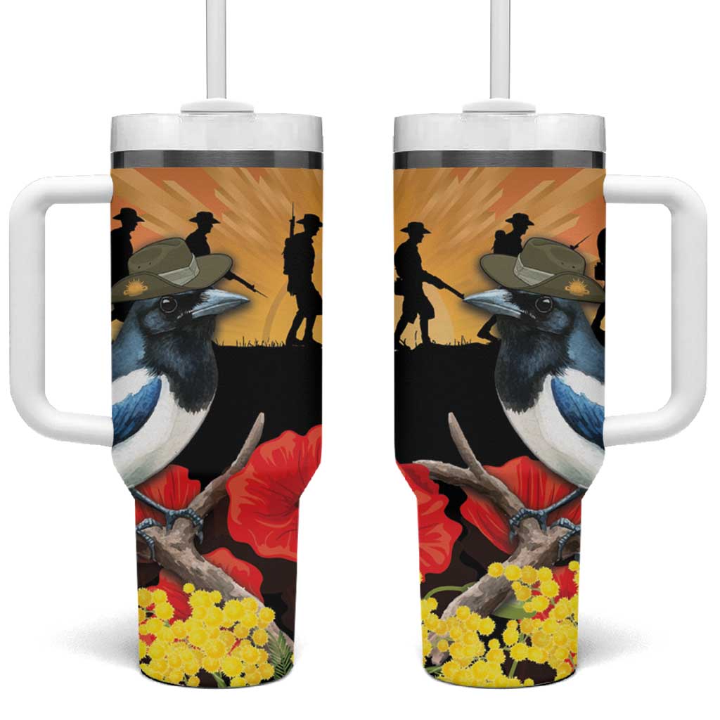 Australia Magpie ANZAC Day Tumbler With Handle Rising Sun 25th April Poppy Golden Wattle - Aussie Hoodie