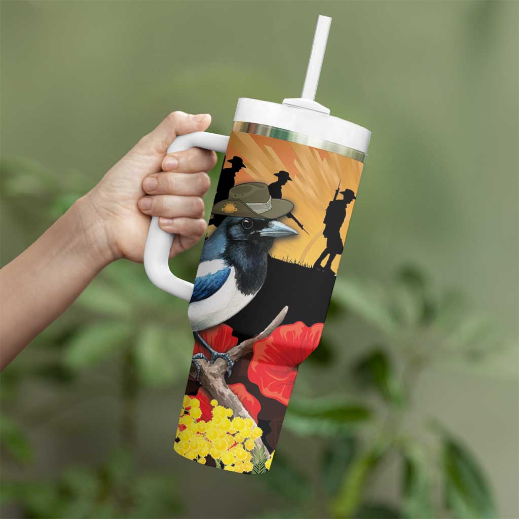 Australia Magpie ANZAC Day Tumbler With Handle Rising Sun 25th April Poppy Golden Wattle - Aussie Hoodie