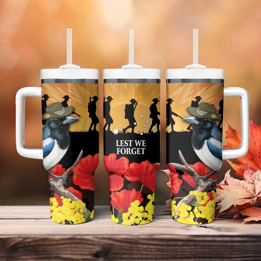 Australia Magpie ANZAC Day Tumbler With Handle Rising Sun 25th April Poppy Golden Wattle - Aussie Hoodie