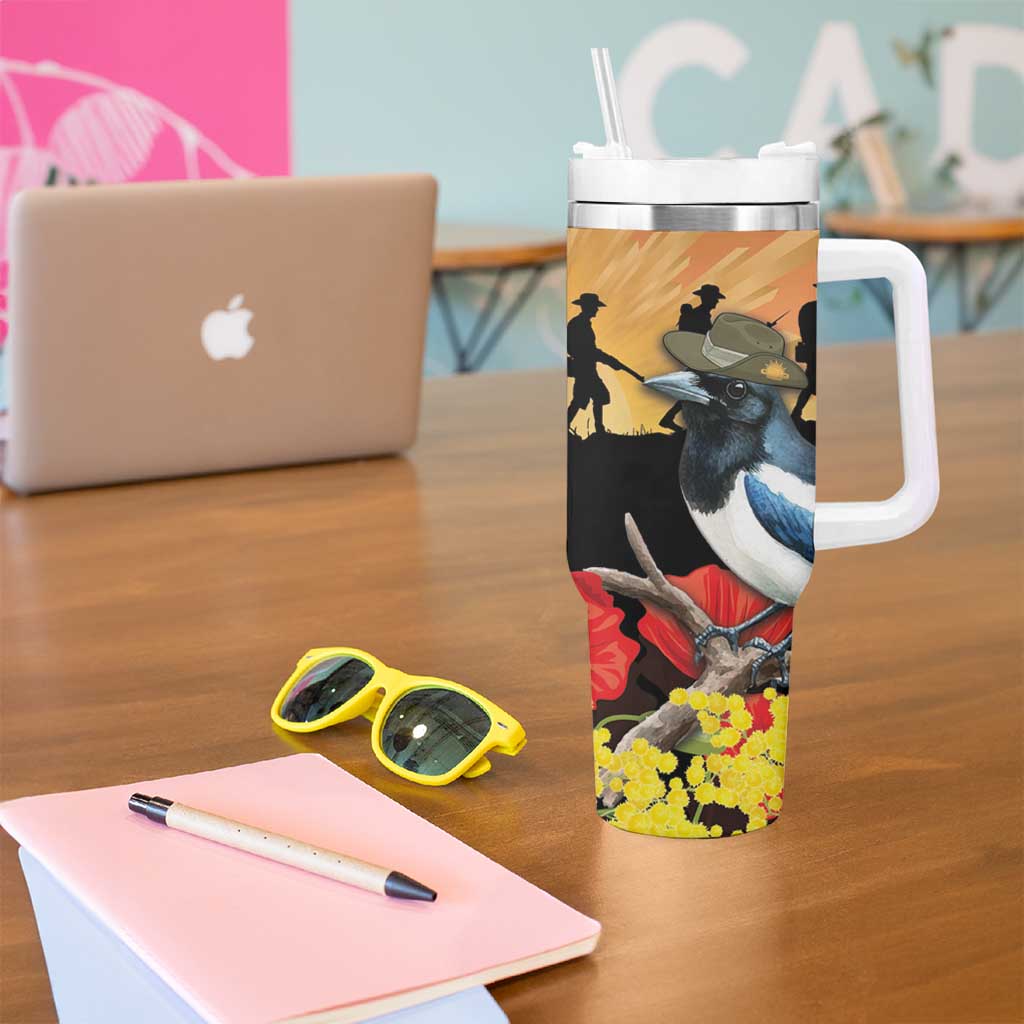 Australia Magpie ANZAC Day Tumbler With Handle Rising Sun 25th April Poppy Golden Wattle - Aussie Hoodie