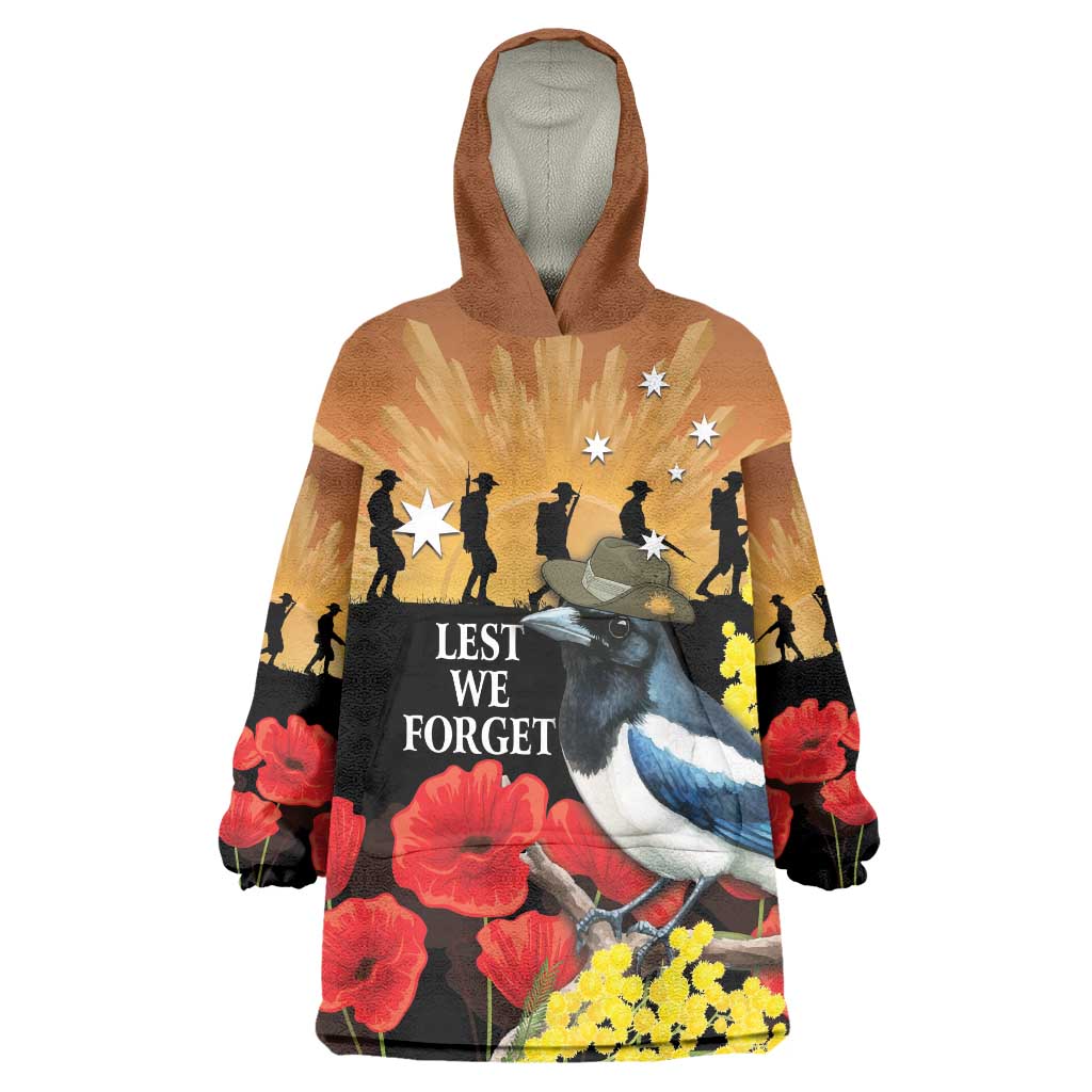 Australia Magpie ANZAC Day Wearable Blanket Hoodie Rising Sun 25th April Poppy Golden Wattle - Aussie Hoodie