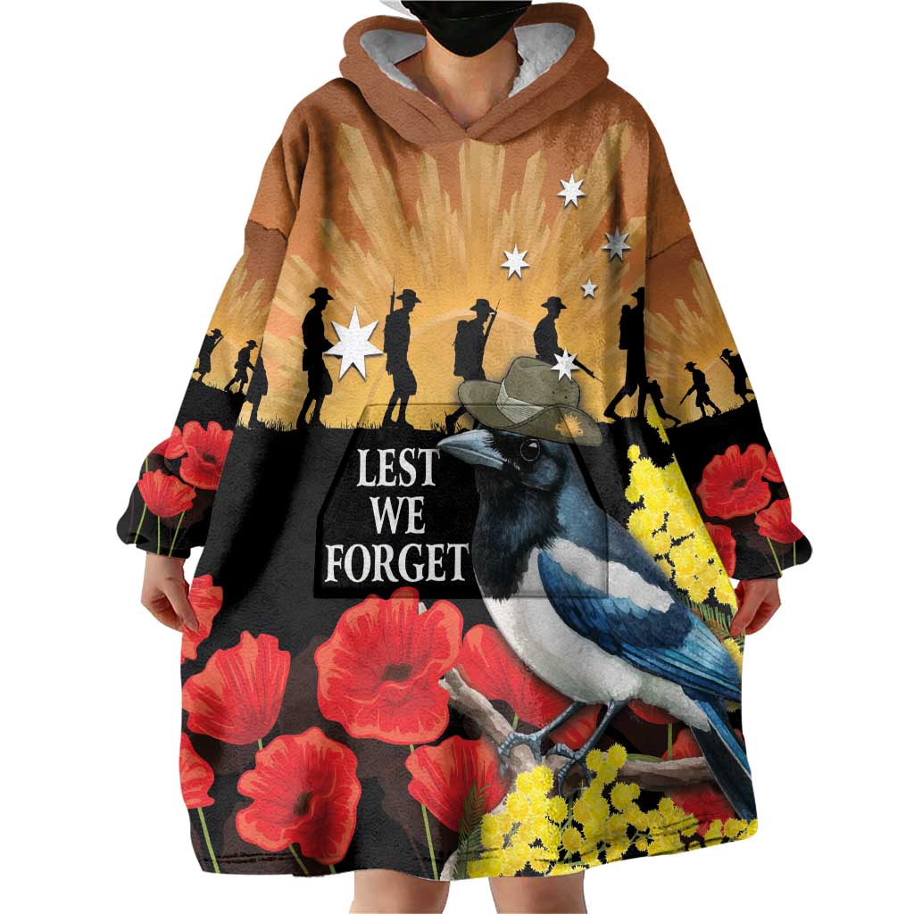 Australia Magpie ANZAC Day Wearable Blanket Hoodie Rising Sun 25th April Poppy Golden Wattle - Aussie Hoodie