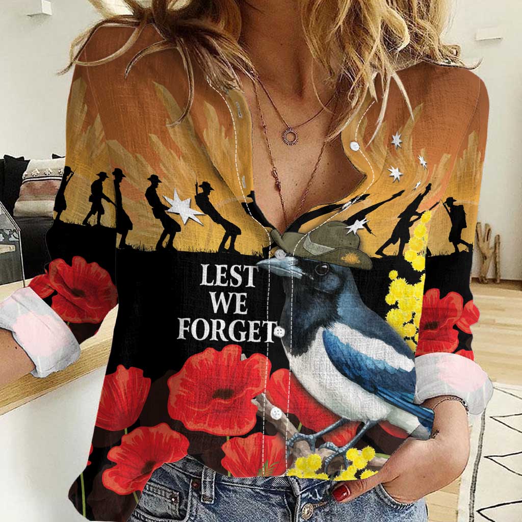 Australia Magpie ANZAC Day Women Casual Shirt Rising Sun 25th April Poppy Golden Wattle - Aussie Hoodie