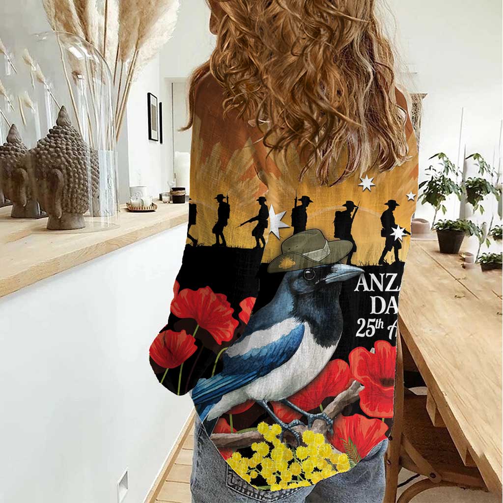 Australia Magpie ANZAC Day Women Casual Shirt Rising Sun 25th April Poppy Golden Wattle - Aussie Hoodie