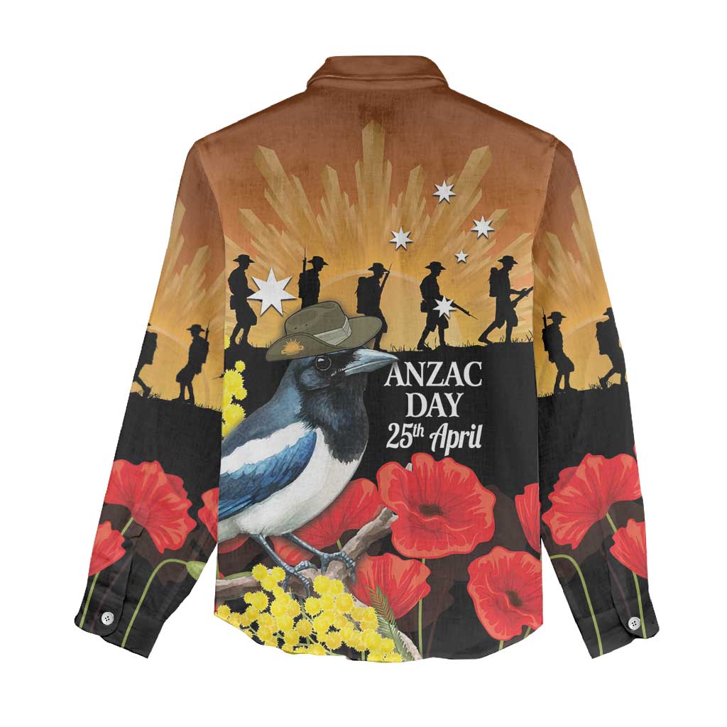 Australia Magpie ANZAC Day Women Casual Shirt Rising Sun 25th April Poppy Golden Wattle - Aussie Hoodie