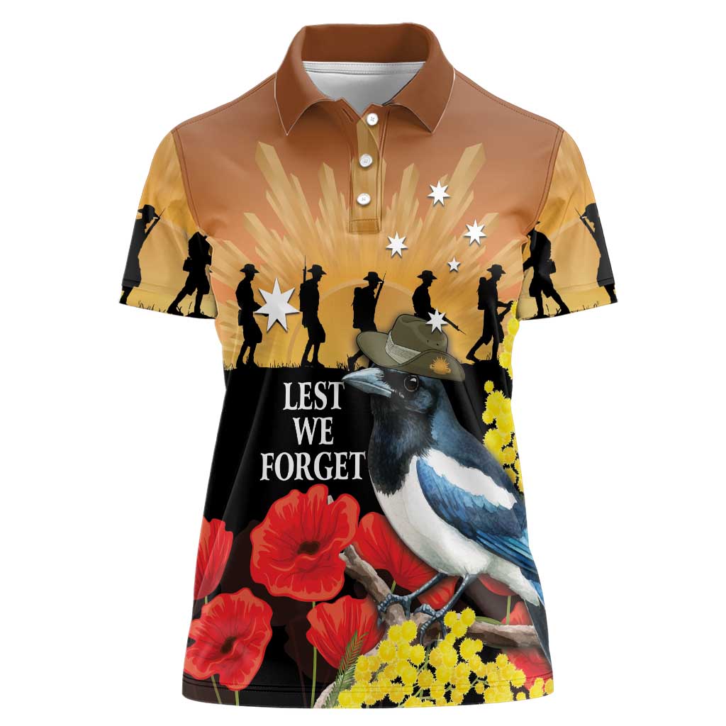 Australia Magpie ANZAC Day Women Polo Shirt Rising Sun 25th April Poppy Golden Wattle - Aussie Hoodie