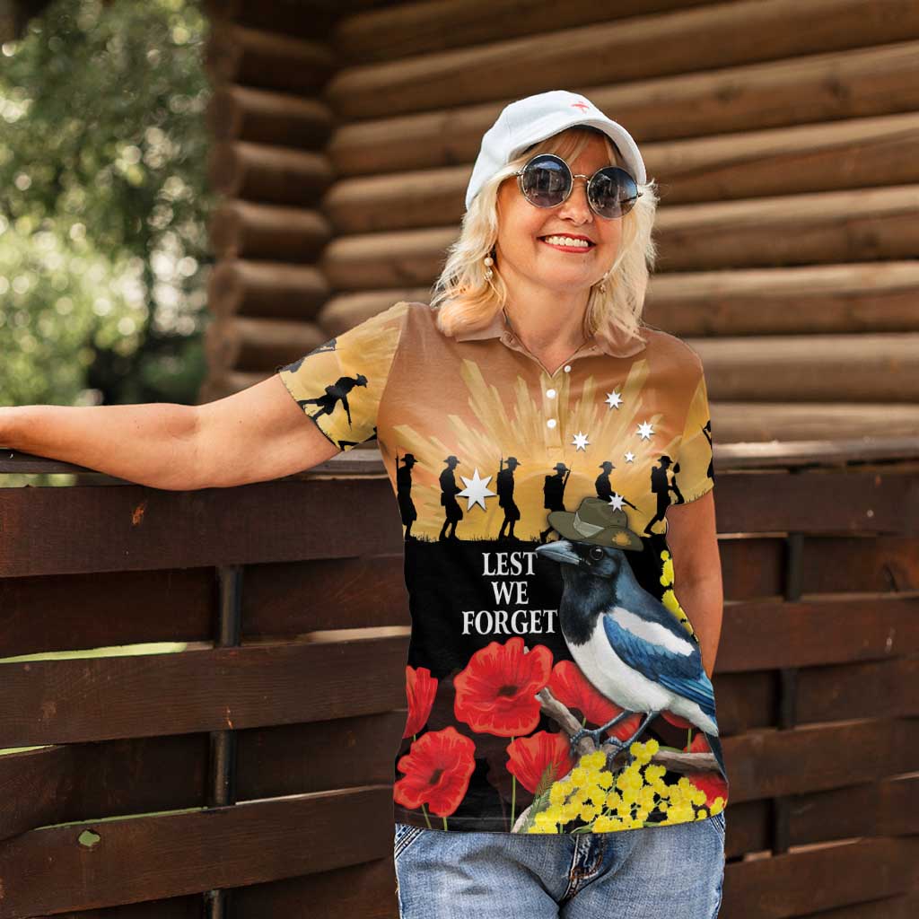 Australia Magpie ANZAC Day Women Polo Shirt Rising Sun 25th April Poppy Golden Wattle - Aussie Hoodie