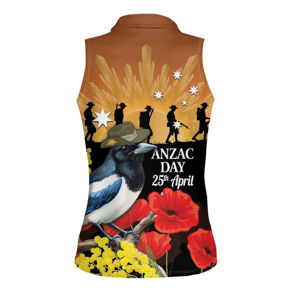 Australia Magpie ANZAC Day Women Sleeveless Polo Shirt Rising Sun 25th April Poppy Golden Wattle - Aussie Hoodie