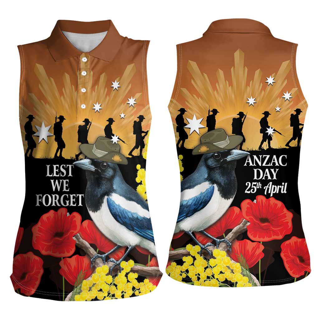 Australia Magpie ANZAC Day Women Sleeveless Polo Shirt Rising Sun 25th April Poppy Golden Wattle - Aussie Hoodie