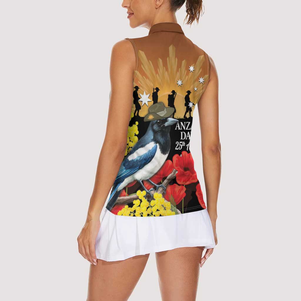 Australia Magpie ANZAC Day Women Sleeveless Polo Shirt Rising Sun 25th April Poppy Golden Wattle - Aussie Hoodie