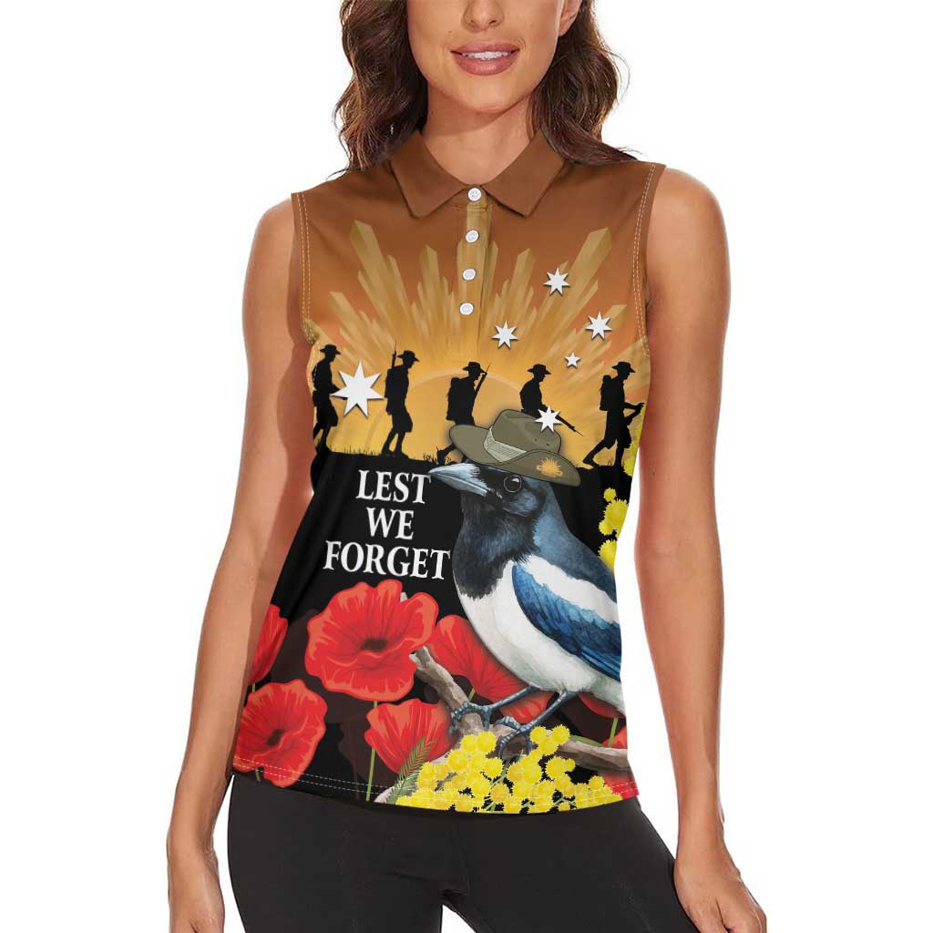 Australia Magpie ANZAC Day Women Sleeveless Polo Shirt Rising Sun 25th April Poppy Golden Wattle - Aussie Hoodie