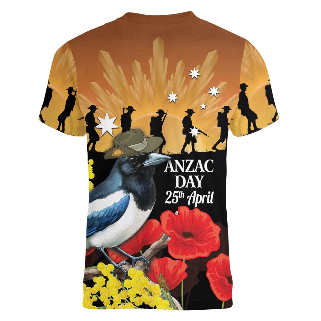 Australia Magpie ANZAC Day Women V-Neck T-Shirt Rising Sun 25th April Poppy Golden Wattle - Aussie Hoodie