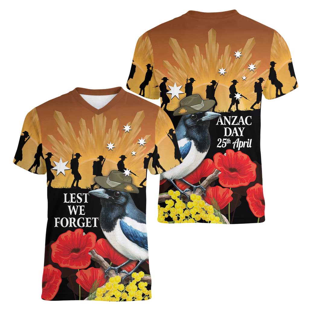 Australia Magpie ANZAC Day Women V-Neck T-Shirt Rising Sun 25th April Poppy Golden Wattle - Aussie Hoodie