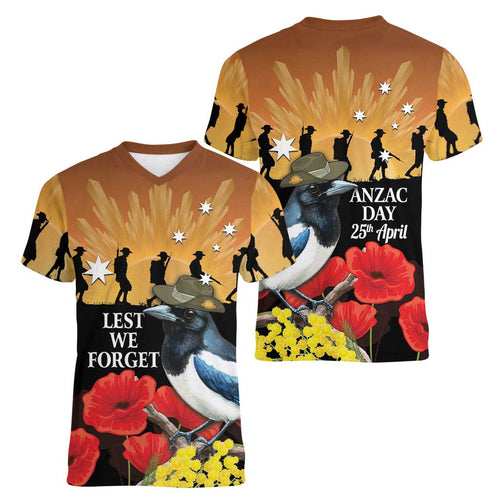 Australia Magpie ANZAC Day Women V-Neck T-Shirt Rising Sun 25th April Poppy Golden Wattle - Aussie Hoodie