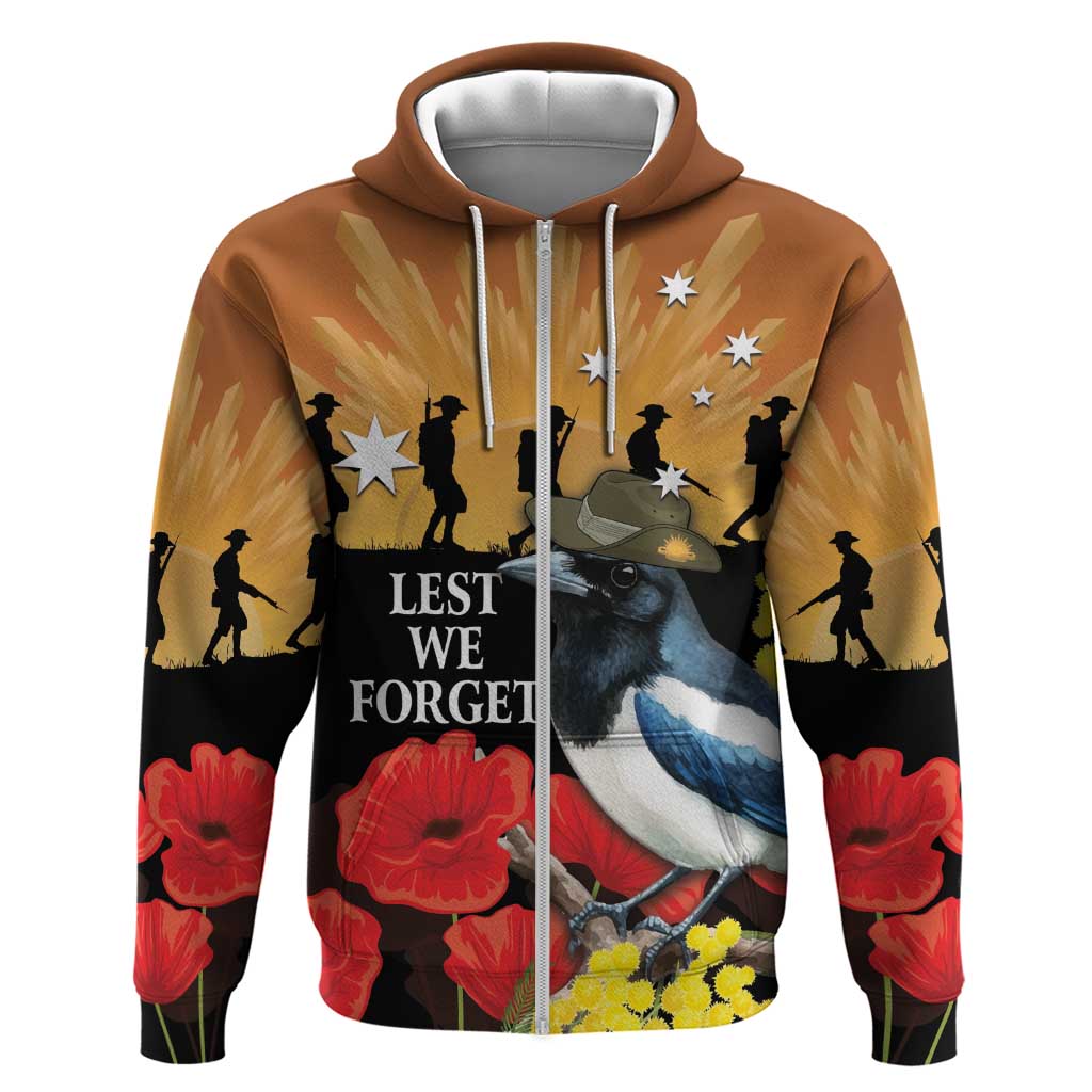 Australia Magpie ANZAC Day Zip Hoodie Rising Sun 25th April Poppy Golden Wattle - Aussie Hoodie
