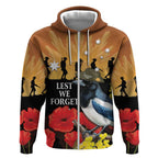Australia Magpie ANZAC Day Zip Hoodie Rising Sun 25th April Poppy Golden Wattle - Aussie Hoodie