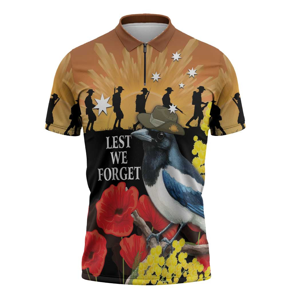 Australia Magpie ANZAC Day Zipper Polo Shirt Rising Sun 25th April Poppy Golden Wattle - Aussie Hoodie