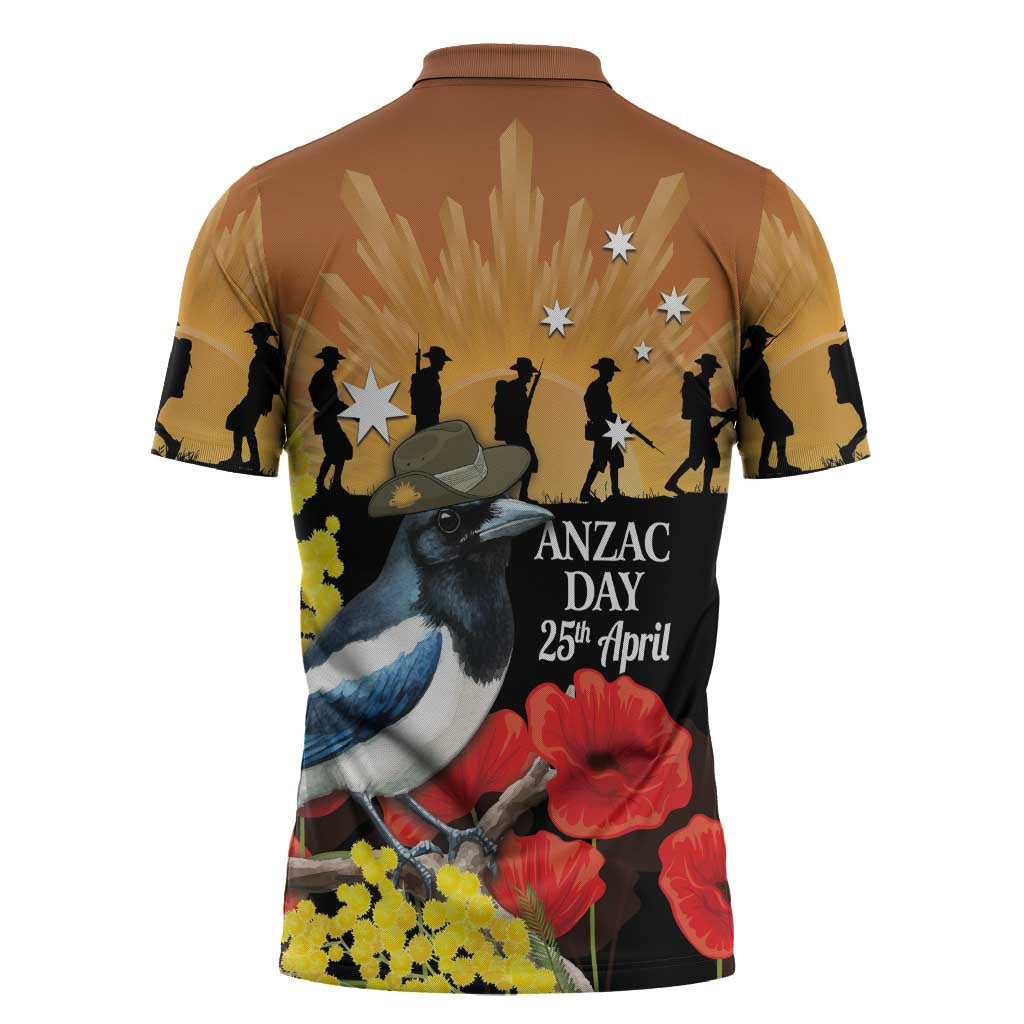 Australia Magpie ANZAC Day Zipper Polo Shirt Rising Sun 25th April Poppy Golden Wattle - Aussie Hoodie