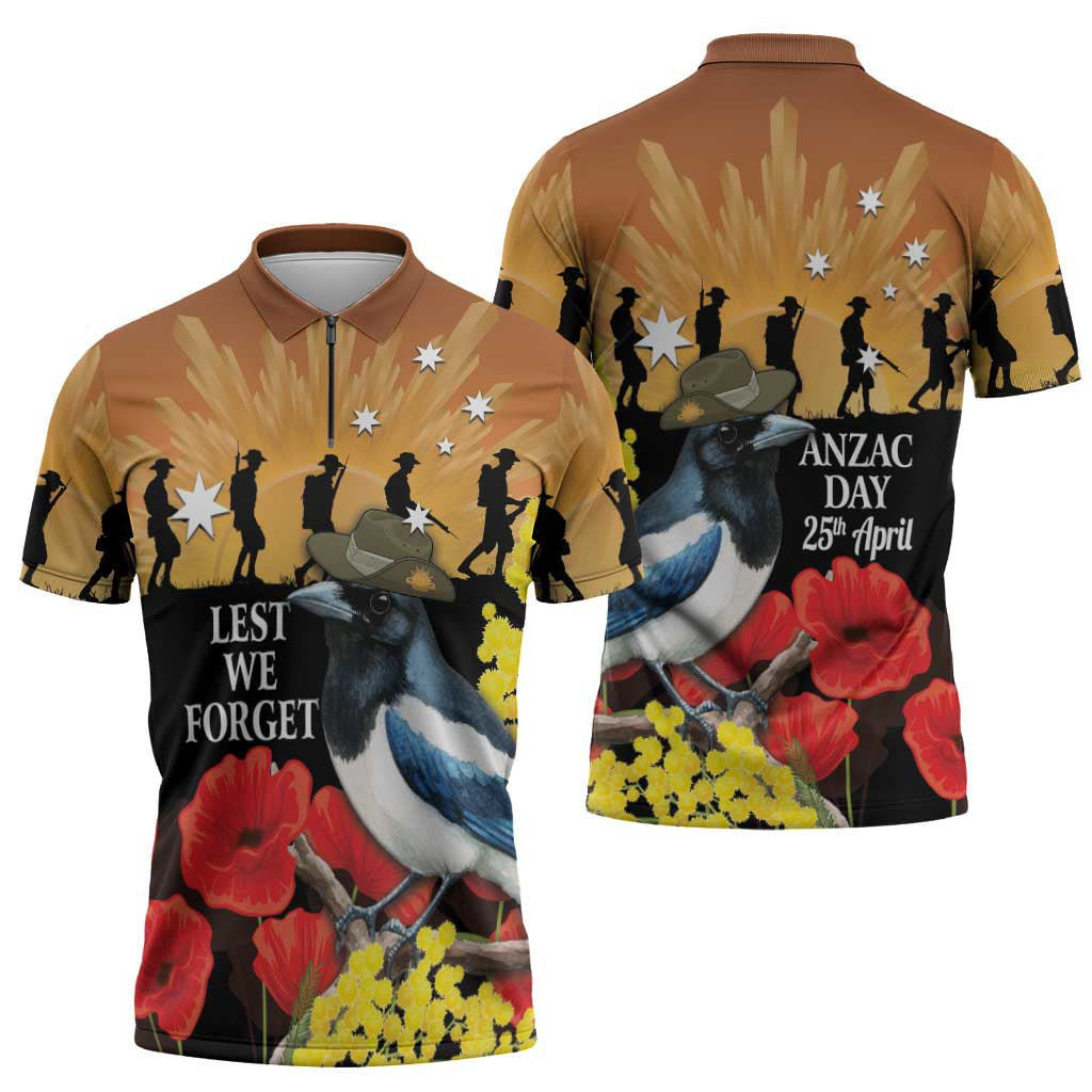 Australia Magpie ANZAC Day Zipper Polo Shirt Rising Sun 25th April Poppy Golden Wattle - Aussie Hoodie