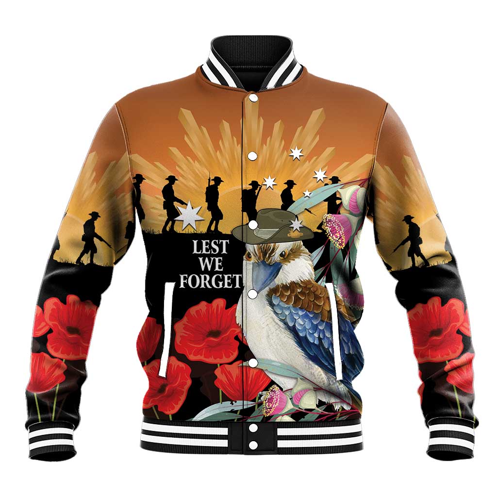 Australia Kookaburra ANZAC Day Baseball Jacket Rising Sun 25th April Poppy Eucalyptus Blossoms - Aussie Hoodie
