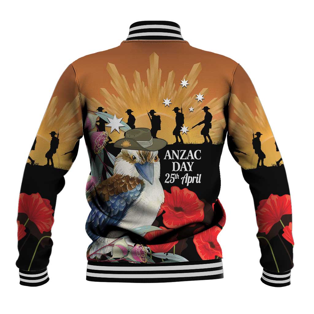 Australia Kookaburra ANZAC Day Baseball Jacket Rising Sun 25th April Poppy Eucalyptus Blossoms - Aussie Hoodie