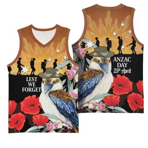 Australia Kookaburra ANZAC Day Basketball Jersey Rising Sun 25th April Poppy Eucalyptus Blossoms - Aussie Hoodie