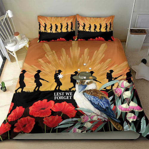 Australia Kookaburra ANZAC Day Bedding Set Rising Sun 25th April Poppy Eucalyptus Blossoms - Aussie Hoodie