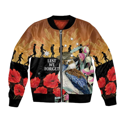 Australia Kookaburra ANZAC Day Bomber Jacket Rising Sun 25th April Poppy Eucalyptus Blossoms - Aussie Hoodie