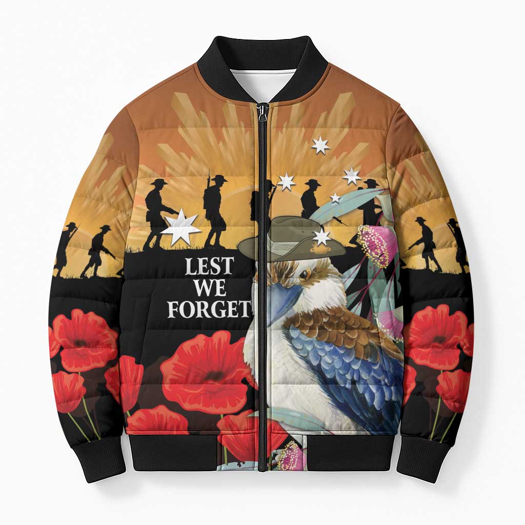 Australia Kookaburra ANZAC Day Bomber Puffer Jacket Rising Sun 25th April Poppy Eucalyptus Blossoms - Aussie Hoodie