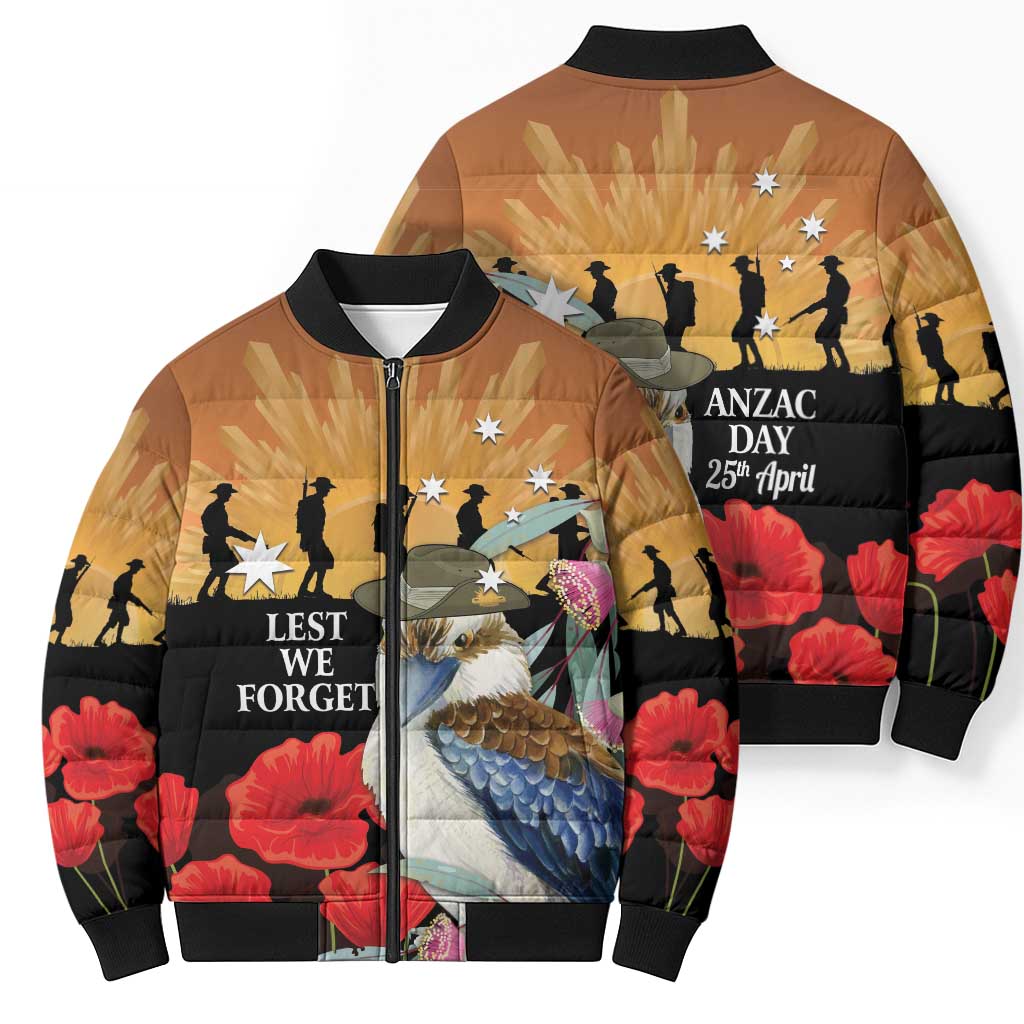 Australia Kookaburra ANZAC Day Bomber Puffer Jacket Rising Sun 25th April Poppy Eucalyptus Blossoms - Aussie Hoodie