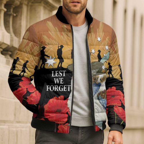 Australia Kookaburra ANZAC Day Bomber Puffer Jacket Rising Sun 25th April Poppy Eucalyptus Blossoms - Aussie Hoodie