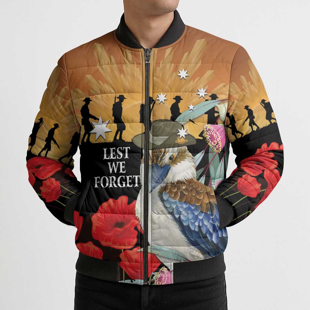 Australia Kookaburra ANZAC Day Bomber Puffer Jacket Rising Sun 25th April Poppy Eucalyptus Blossoms - Aussie Hoodie