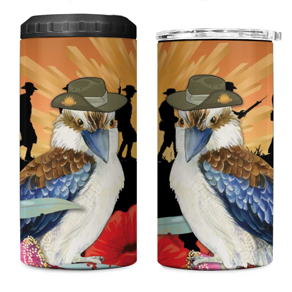 Australia Kookaburra ANZAC Day 4 in 1 Can Cooler Tumbler Rising Sun 25th April Poppy Eucalyptus Blossoms - Aussie Hoodie