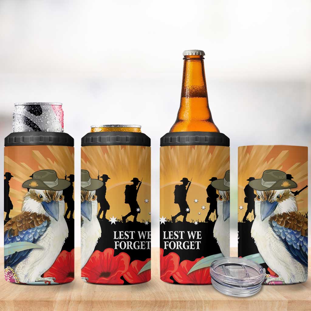 Australia Kookaburra ANZAC Day 4 in 1 Can Cooler Tumbler Rising Sun 25th April Poppy Eucalyptus Blossoms - Aussie Hoodie