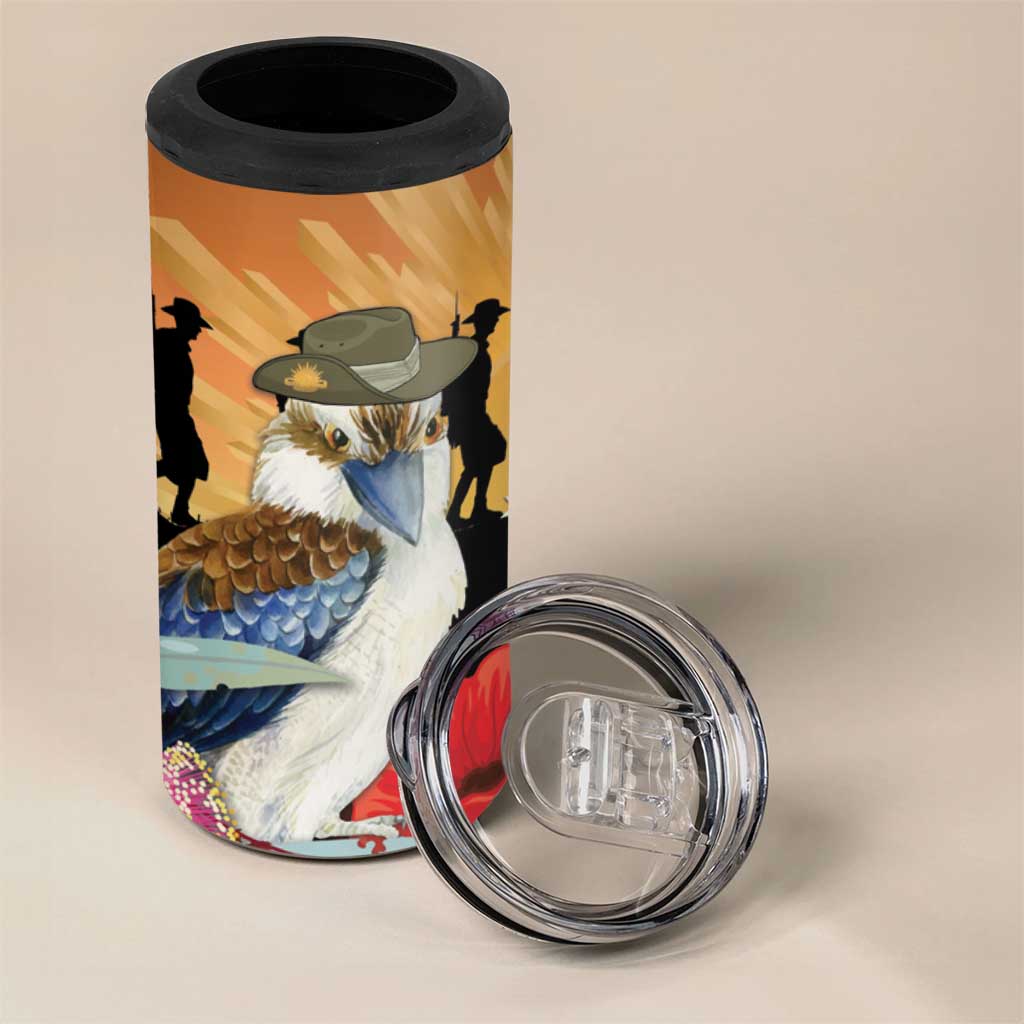 Australia Kookaburra ANZAC Day 4 in 1 Can Cooler Tumbler Rising Sun 25th April Poppy Eucalyptus Blossoms - Aussie Hoodie